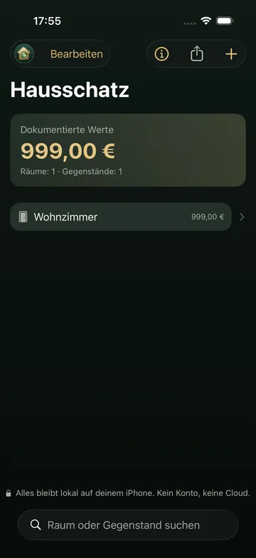 Hausschatz auf dem iPhone: Raumliste mit dokumentierten Werten