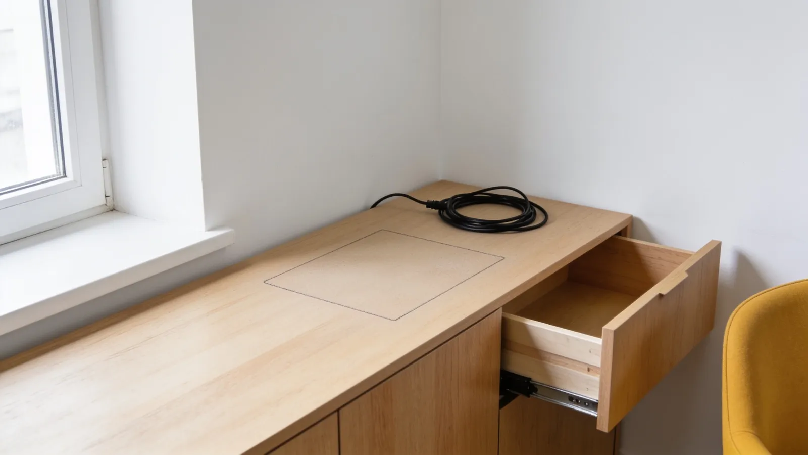 Sideboard mit leerer Staubkontur, losem Kabel und halb geöffneter Schublade
